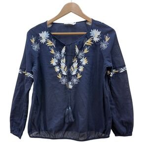 Tory Burch Womens Navy Blue Blouse Sz 2 Embroidered Floral Long Sleeve Edelweiss